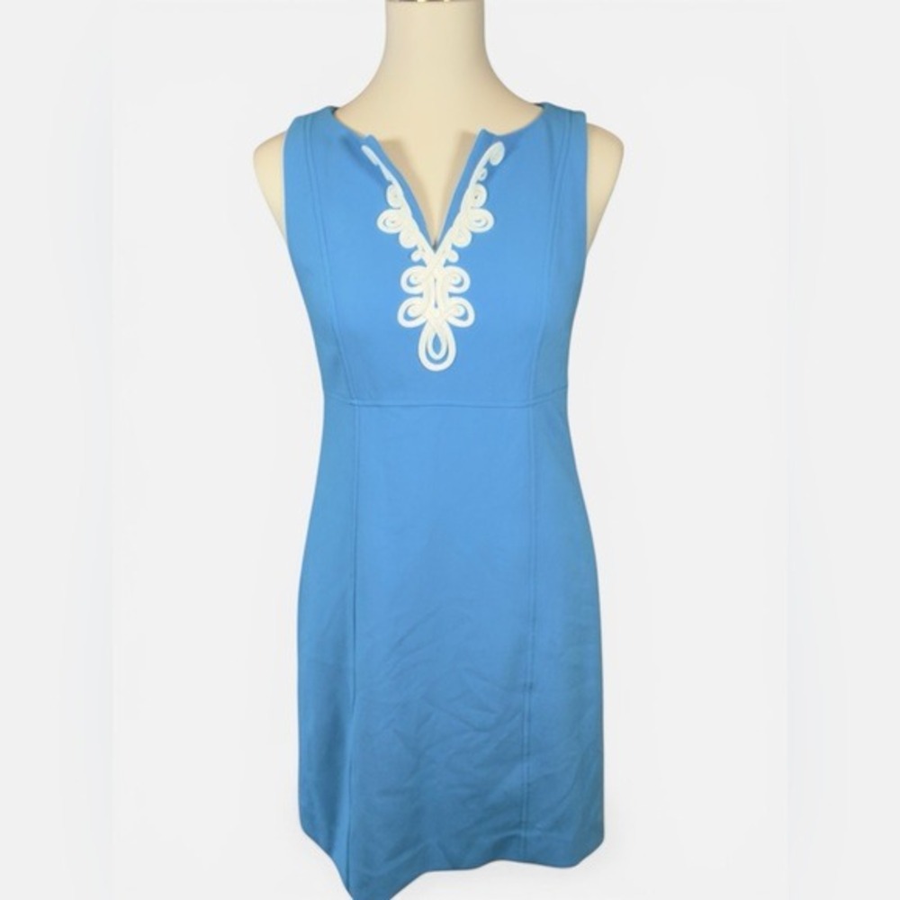 Lilly Pulitzer Blue Soutache Trim Shift Dress Sleeveless Split Neck‎ Size 0 - Picture 5 of 10